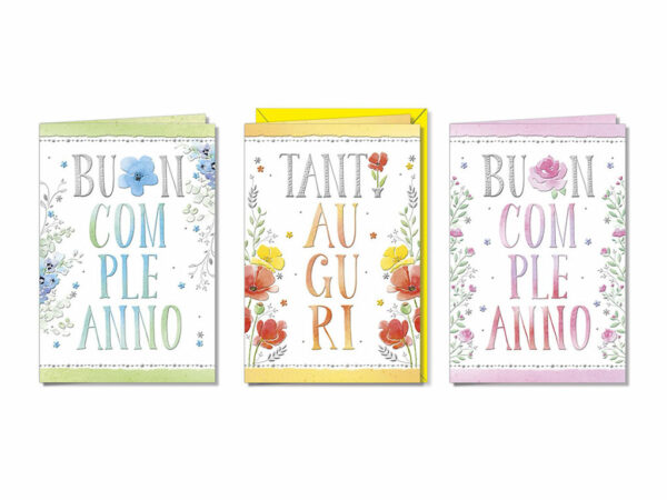 BIGLIETTO COMPLEANNO LETTERE E FIORI ACQUERELLO